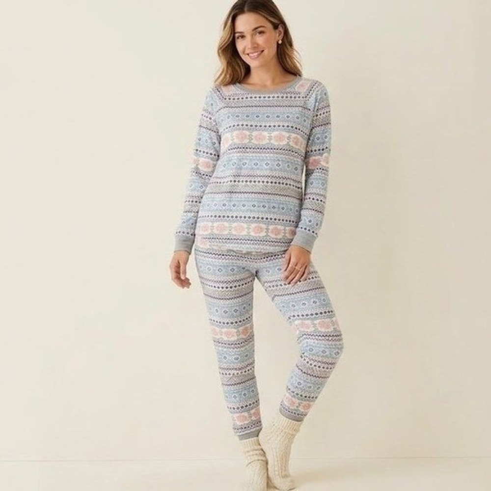 Cuddl‎ Duds Pajama Set XL Blue Pink Fair Isle Loungewear 2pc Set Cozy Knit